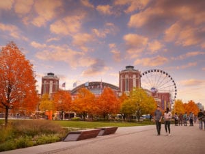 view of navy pier in the fall with the ferris wheel in the back