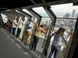 people on the Tilt, an attraction at 360 Chicago