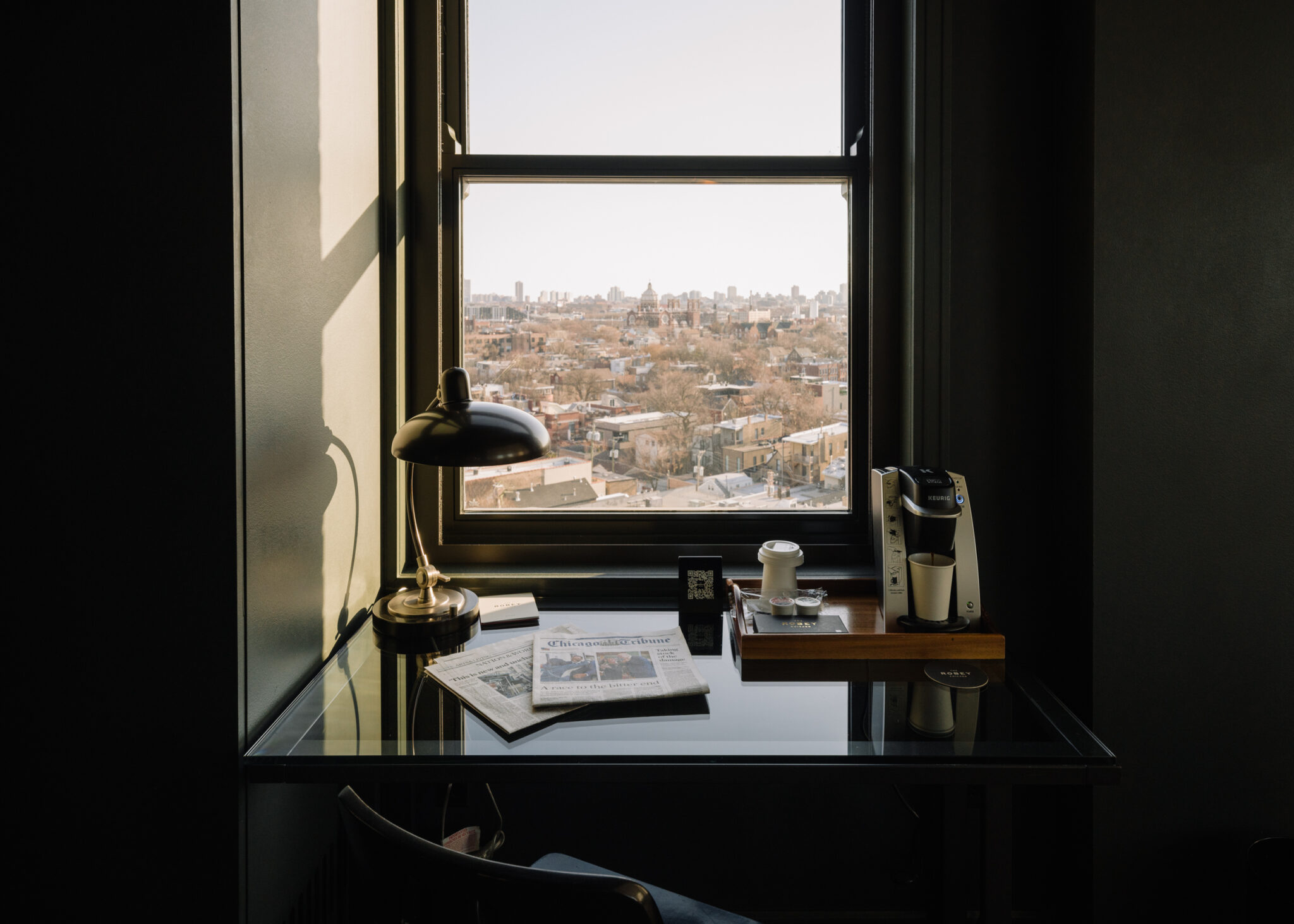 View of the Chicago skyline from a hotel room at the Robey hotel