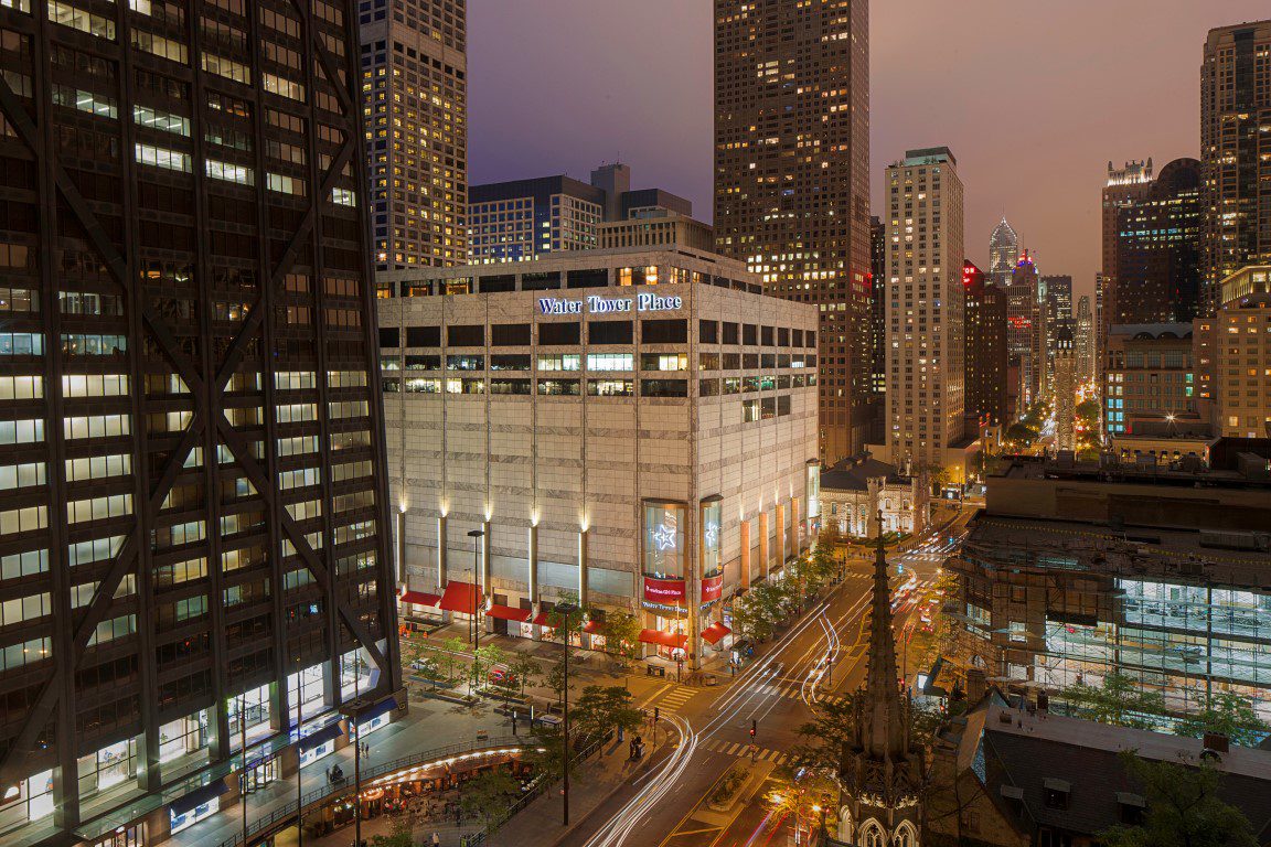 view of Water Tower Place by night