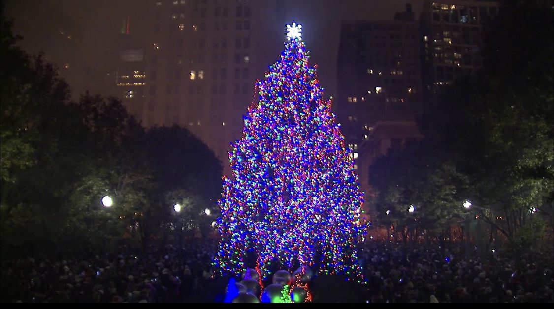 beautiful light up christmas tree in chicago by night