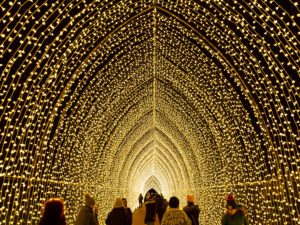 tunnel full of holiday lights and people