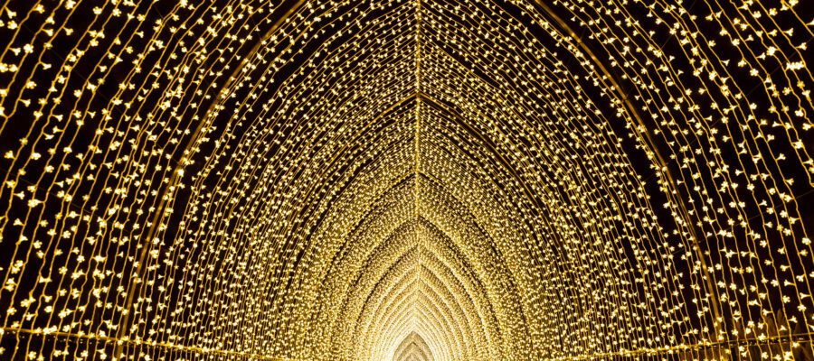 tunnel full of holiday lights and people