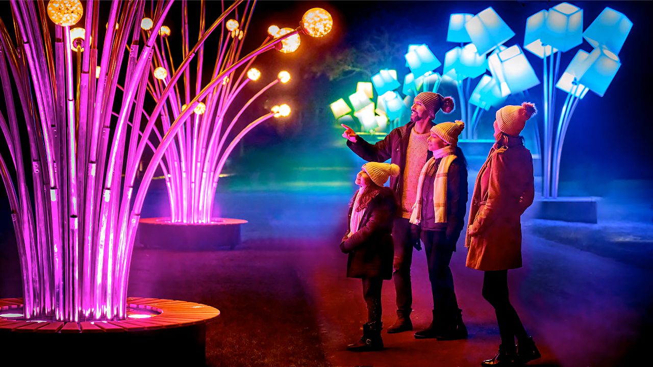 A family is watching the Magical Lights at the Chicago Botanic Garden