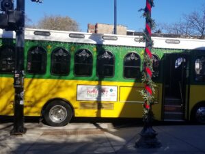 a holiday trolley in the streets of the Ravenswood neighborhood in Chicago