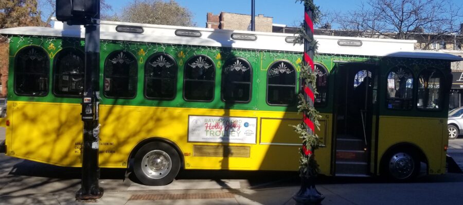 a holiday trolley in the streets of the Ravenswood neighborhood in Chicago