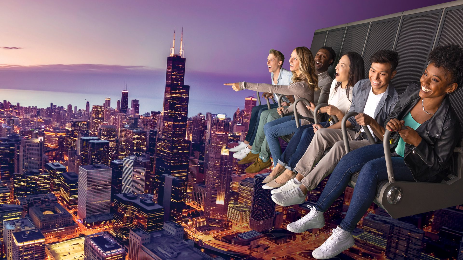 view of the chicago skyline with a type of rollercoaster high above it.