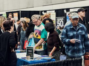 People at a busy and crowded travel show